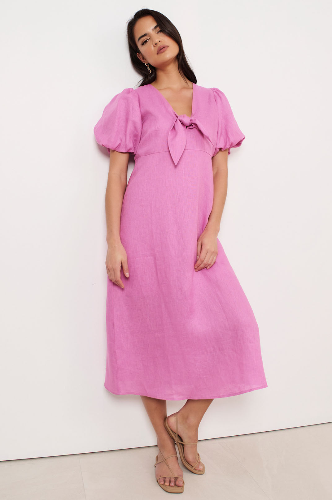 Marissa Tie Detail Linen Dress (Pink)