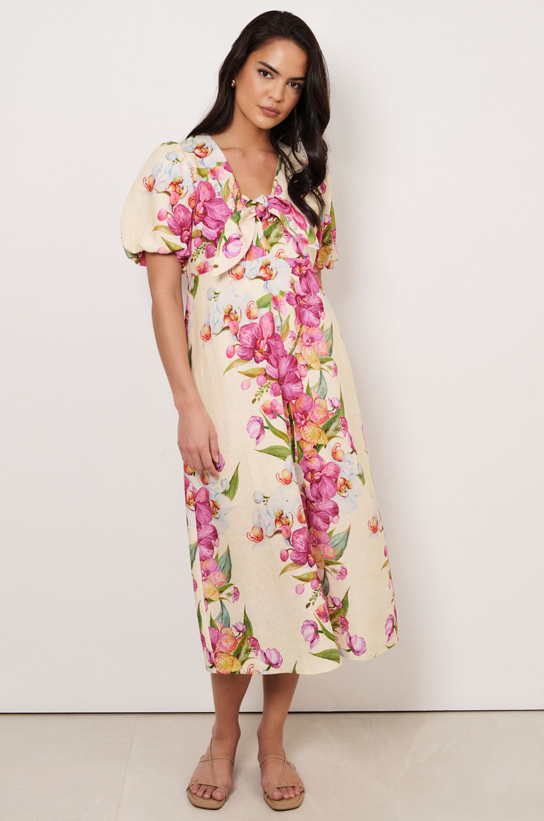 Marissa Tie Detail Linen Dress (Print)