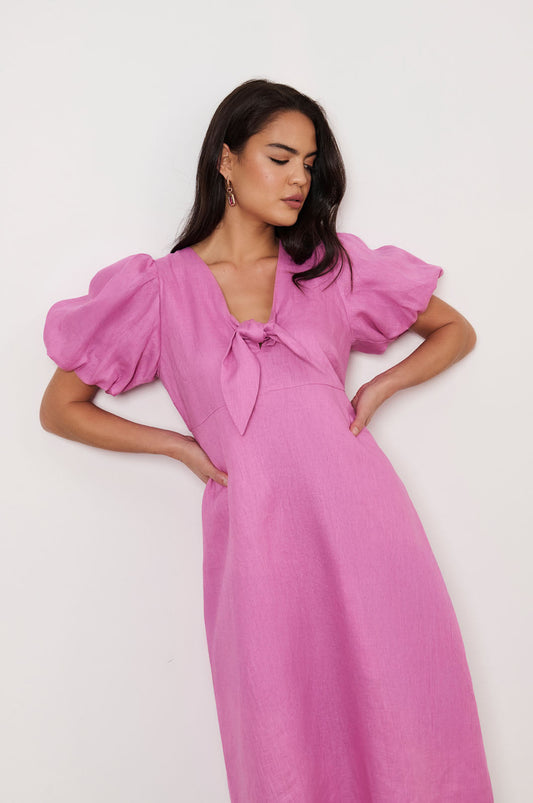 Marissa Tie Detail Linen Dress (Pink)
