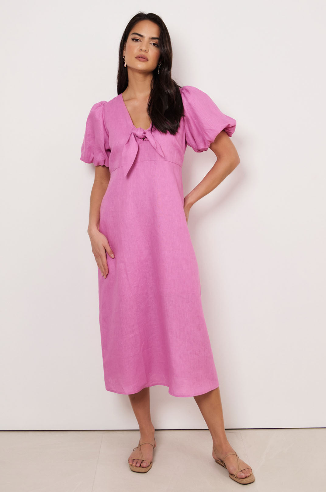 Marissa Tie Detail Linen Dress (Pink)
