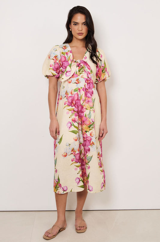 Marissa Tie Detail Linen Dress (Print)
